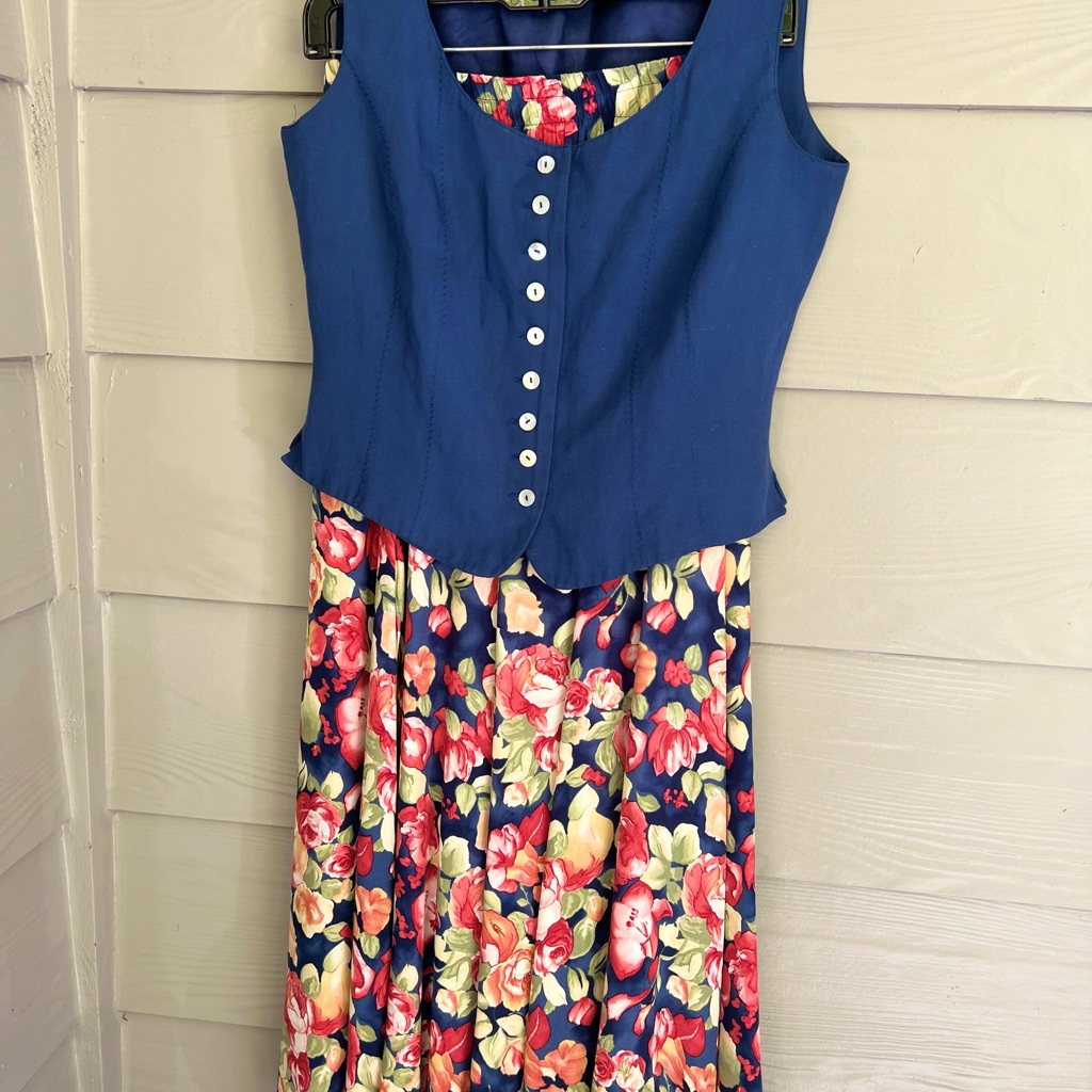 Unique Vintage Blue Floral Midi Dress